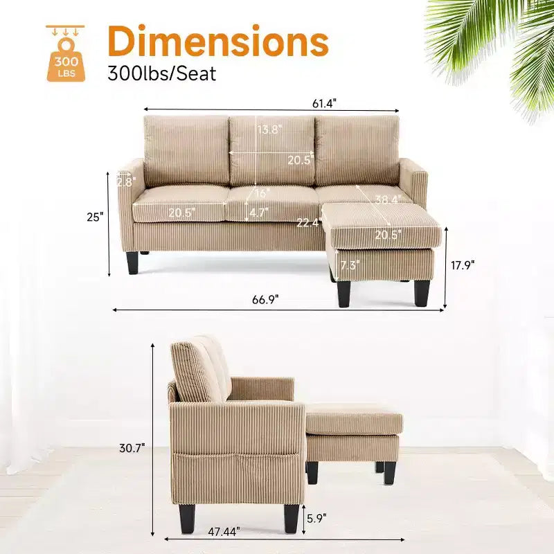 Karl Home | Divano a L a 3 posti in velluto a coste con braccioli quadrati, larghezza 68,5 pollici, colore nero con pouf contenitore