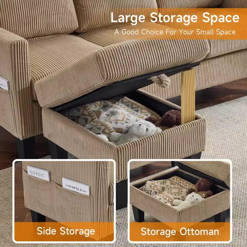 Karl Home | Divano a L a 3 posti in velluto a coste con braccioli quadrati, larghezza 68,5 pollici, colore nero con pouf contenitore