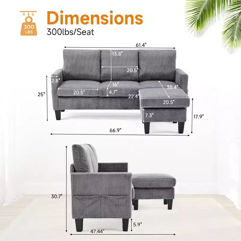 Karl Home | Divano a L a 3 posti in velluto a coste con braccioli quadrati, larghezza 68,5 pollici, colore nero con pouf contenitore