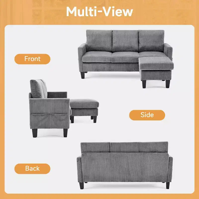 Karl Home | Divano a L a 3 posti in velluto a coste con braccioli quadrati, larghezza 68,5 pollici, colore nero con pouf contenitore