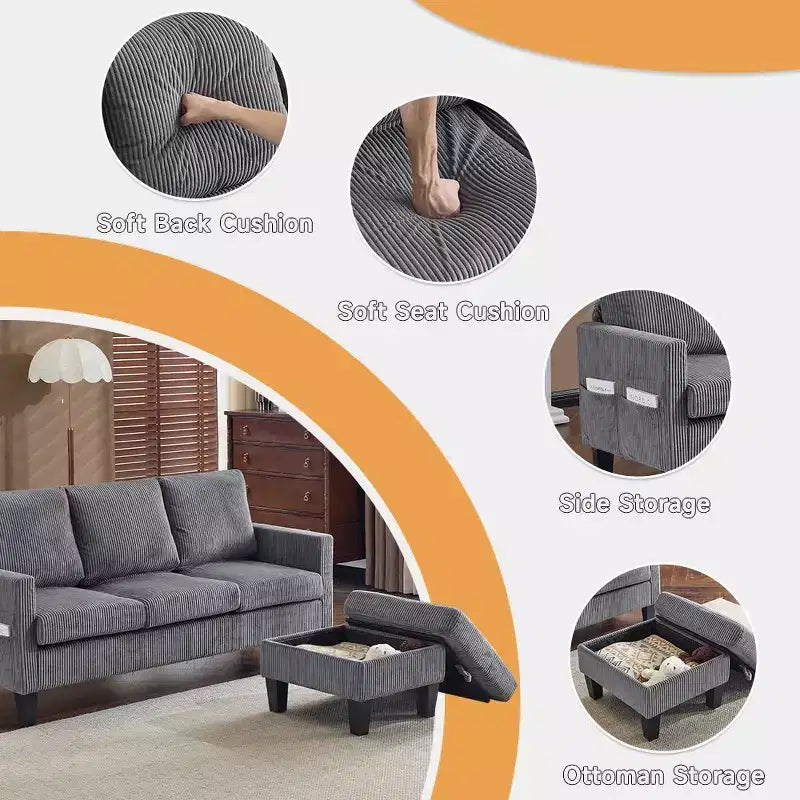Karl Home | Divano a L a 3 posti in velluto a coste con braccioli quadrati, larghezza 68,5 pollici, colore nero con pouf contenitore