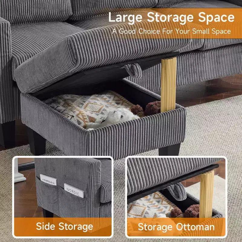Karl Home | Divano a L a 3 posti in velluto a coste con braccioli quadrati, larghezza 68,5 pollici, colore nero con pouf contenitore