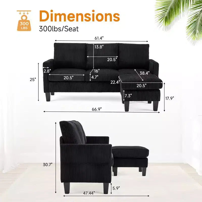 Karl Home | Divano a L a 3 posti in velluto a coste con braccioli quadrati, larghezza 68,5 pollici, colore nero con pouf contenitore