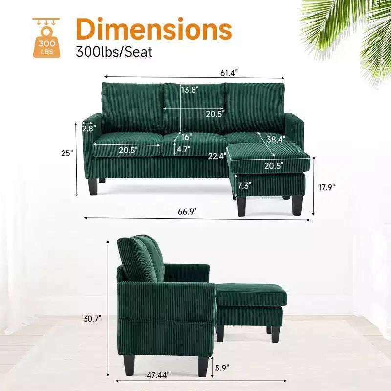 Karl Home | Divano a L a 3 posti in velluto a coste con braccioli quadrati, larghezza 68,5 pollici, colore nero con pouf contenitore
