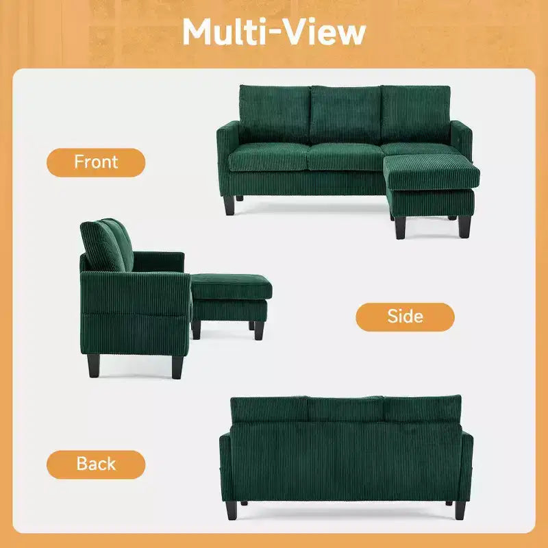 Karl Home | Divano a L a 3 posti in velluto a coste con braccioli quadrati, larghezza 68,5 pollici, colore nero con pouf contenitore