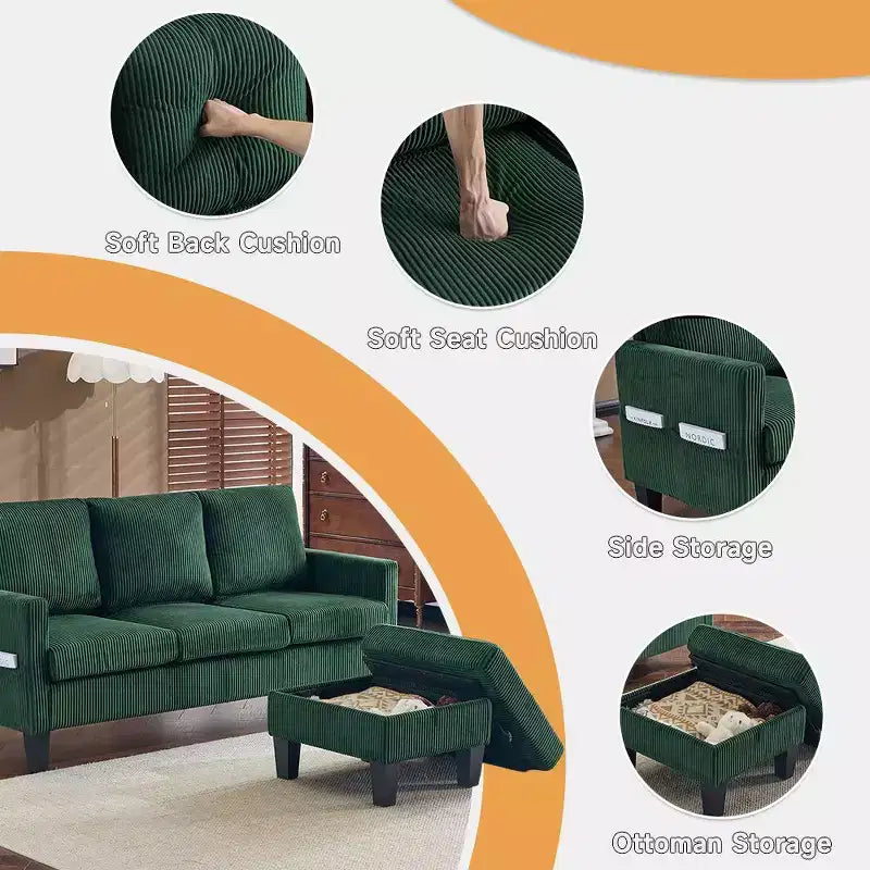 Karl Home | Divano a L a 3 posti in velluto a coste con braccioli quadrati, larghezza 68,5 pollici, colore nero con pouf contenitore