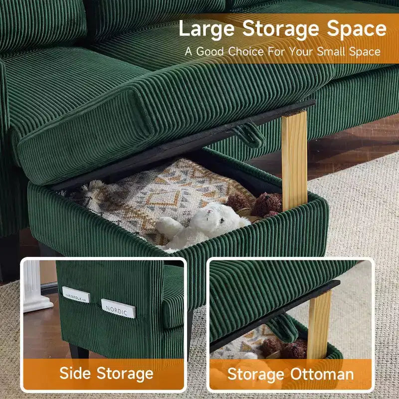 Karl Home | Divano a L a 3 posti in velluto a coste con braccioli quadrati, larghezza 68,5 pollici, colore nero con pouf contenitore