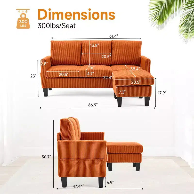 Karl Home | Divano a L a 3 posti in velluto a coste con braccioli quadrati, larghezza 68,5 pollici, colore nero con pouf contenitore