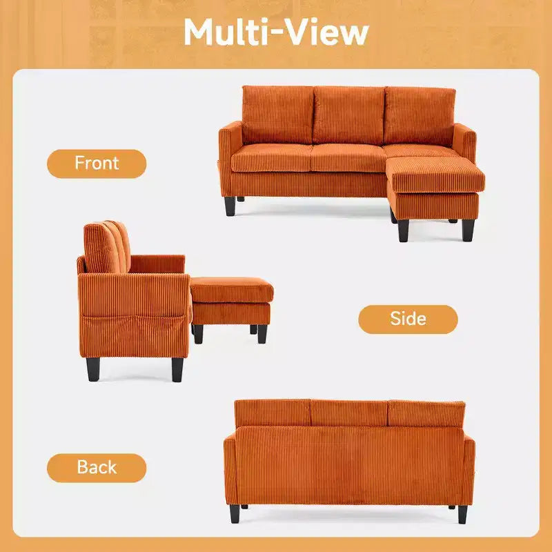 Karl Home | Divano a L a 3 posti in velluto a coste con braccioli quadrati, larghezza 68,5 pollici, colore nero con pouf contenitore