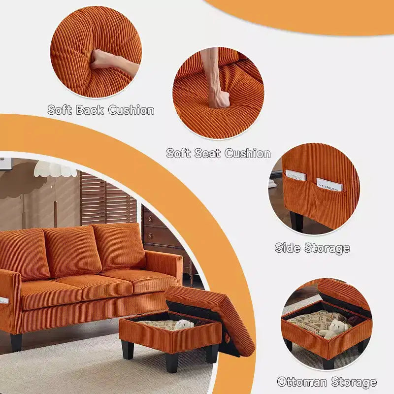 Karl Home | Divano a L a 3 posti in velluto a coste con braccioli quadrati, larghezza 68,5 pollici, colore nero con pouf contenitore