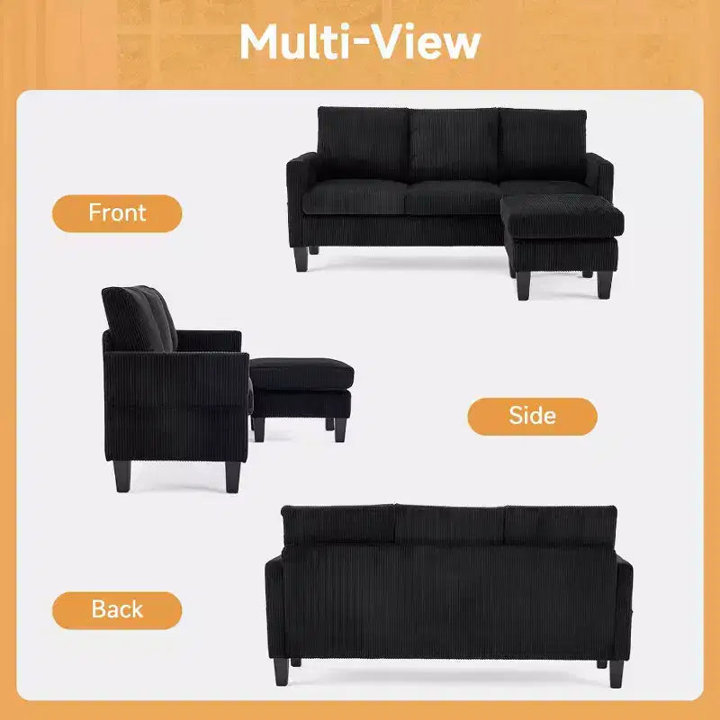 Karl Home | Divano a L a 3 posti in velluto a coste con braccioli quadrati, larghezza 68,5 pollici, colore nero con pouf contenitore