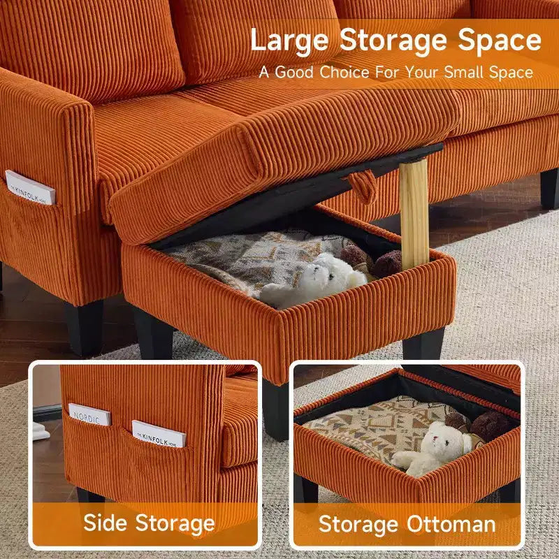 Karl Home | Divano a L a 3 posti in velluto a coste con braccioli quadrati, larghezza 68,5 pollici, colore nero con pouf contenitore