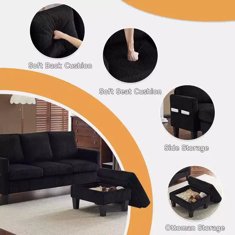 Karl Home | Divano a L a 3 posti in velluto a coste con braccioli quadrati, larghezza 68,5 pollici, colore nero con pouf contenitore