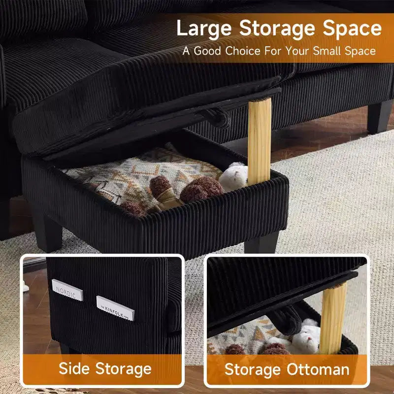 Karl Home | Divano a L a 3 posti in velluto a coste con braccioli quadrati, larghezza 68,5 pollici, colore nero con pouf contenitore