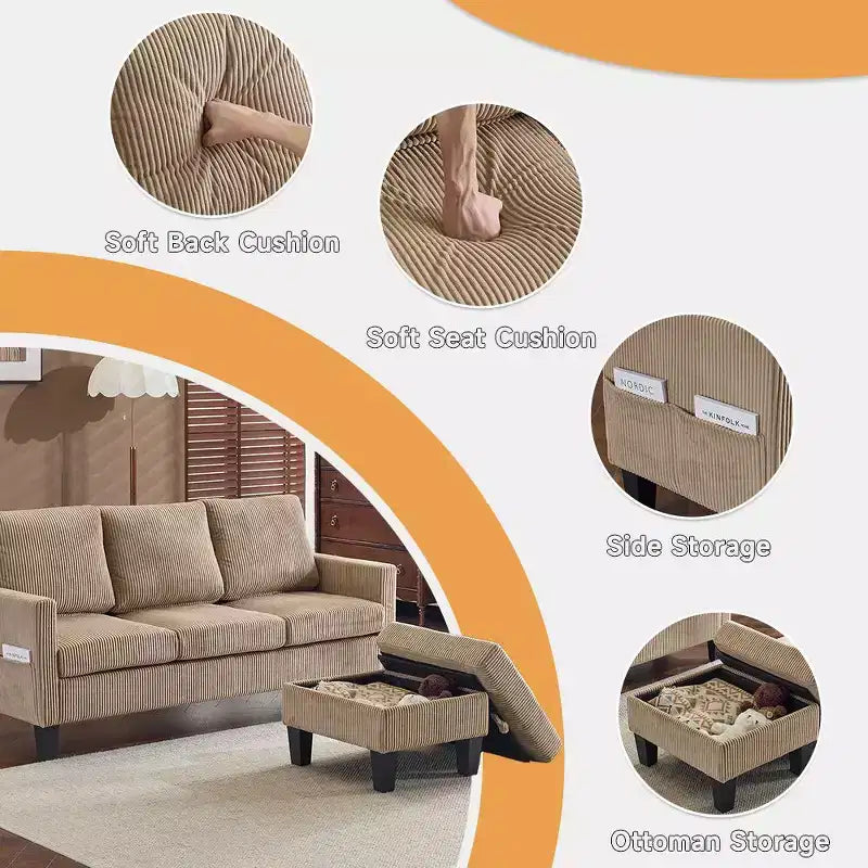 Karl Home | Divano a L a 3 posti in velluto a coste con braccioli quadrati, larghezza 68,5 pollici, colore nero con pouf contenitore