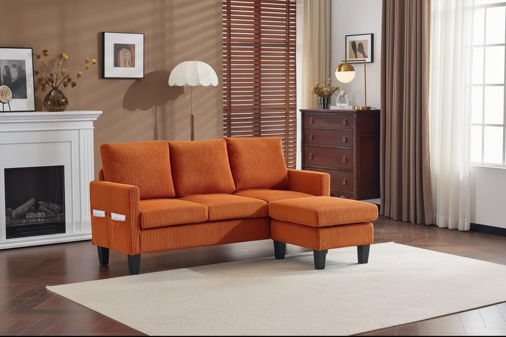 Karl Home | Divano a L a 3 posti in velluto a coste con braccioli quadrati, larghezza 68,5 pollici, colore nero con pouf contenitore