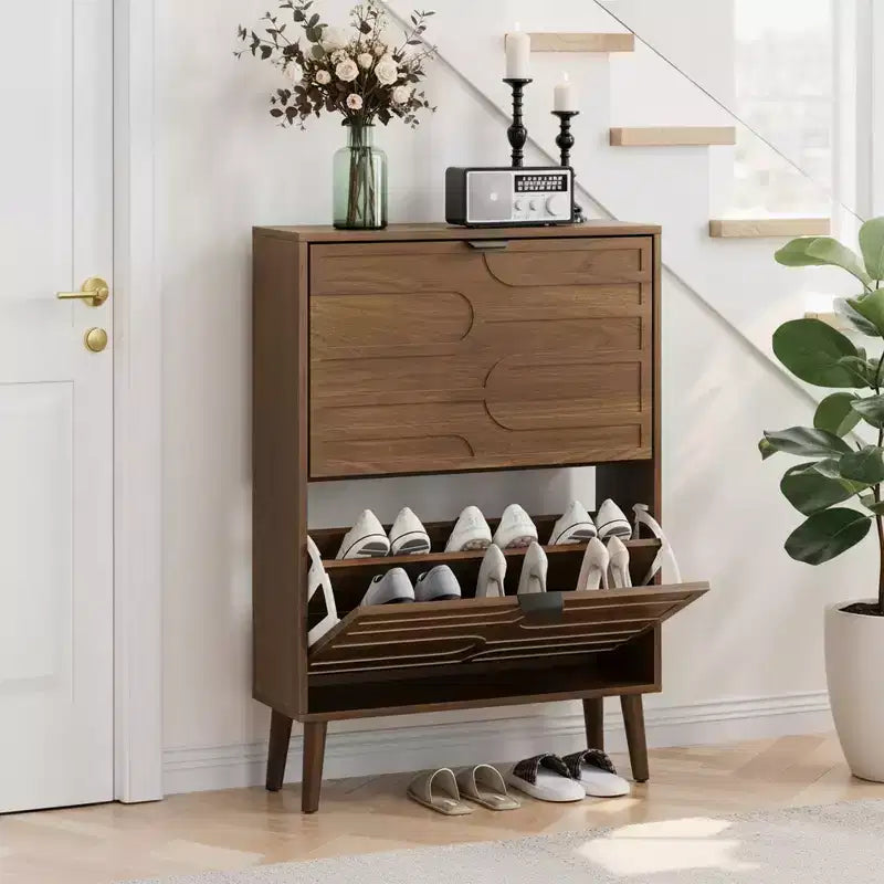 Homy Casa Mobile scarpiera moderno con 2 ante a ribalta, ripiano espositivo e gambe in legno