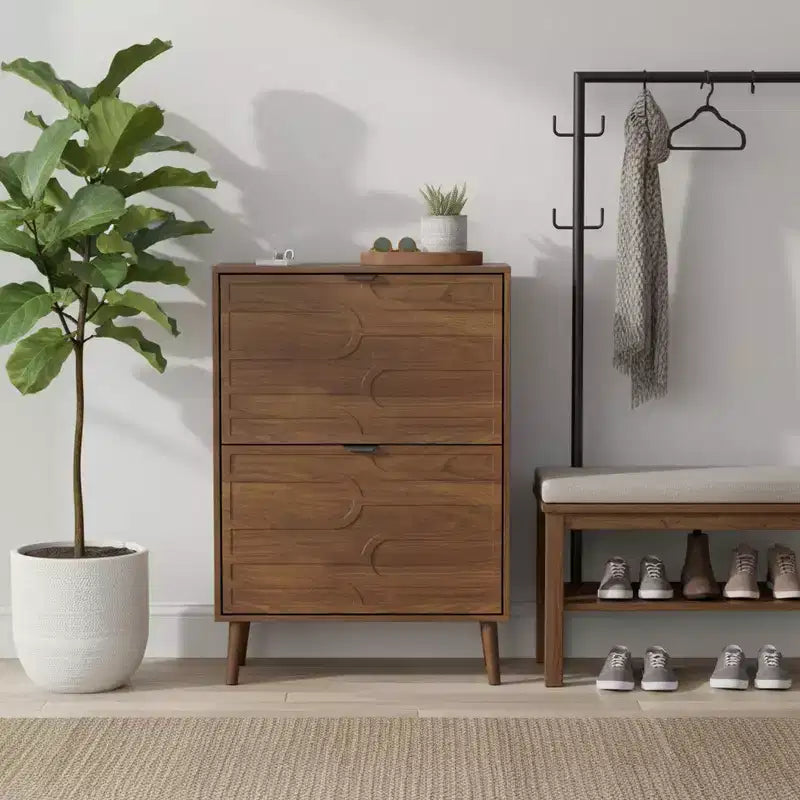 Homy Casa Mobile scarpiera moderno con 2 ante a ribalta, ripiano espositivo e gambe in legno
