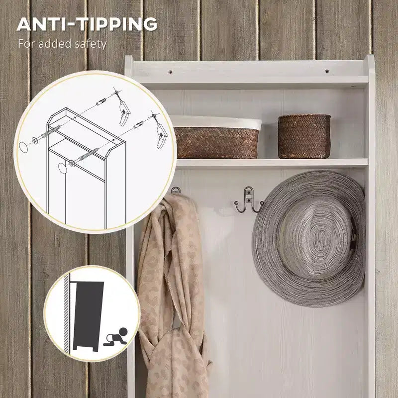 Appendiabiti da ingresso rustico Okak con panca porta scarpe e 3 ganci, appendiabiti con ripiani, portaoggetti per soggiorno, ingresso, bianco