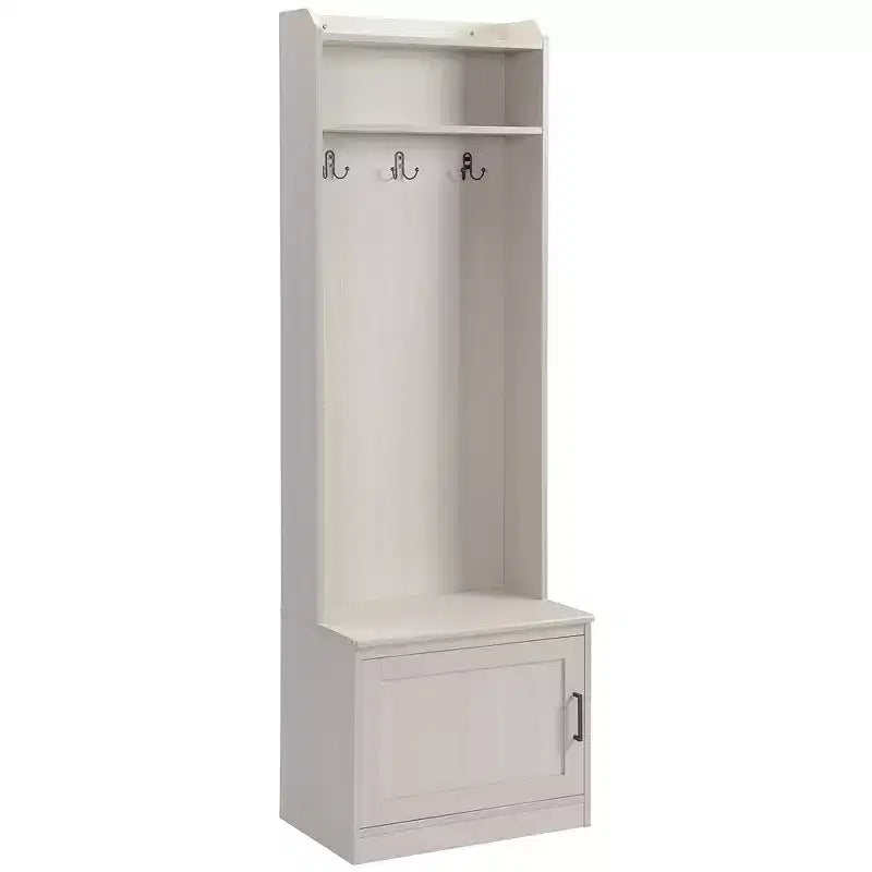 Appendiabiti da ingresso rustico Okak con panca porta scarpe e 3 ganci, appendiabiti con ripiani, portaoggetti per soggiorno, ingresso, bianco