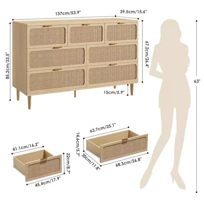 Cassettiera in rattan a 7 cassetti GustoWave, cassettone alto con ante intrecciate a mano e 5 robuste gambe in metallo per camera da letto, ripostiglio in soggiorno
