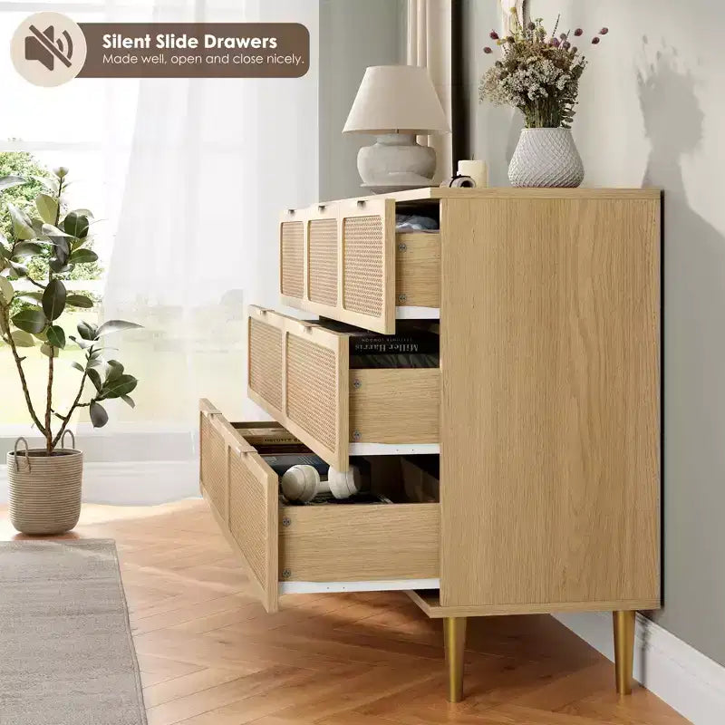Cassettiera in rattan a 7 cassetti GustoWave, cassettone alto con ante intrecciate a mano e 5 robuste gambe in metallo per camera da letto, ripostiglio in soggiorno