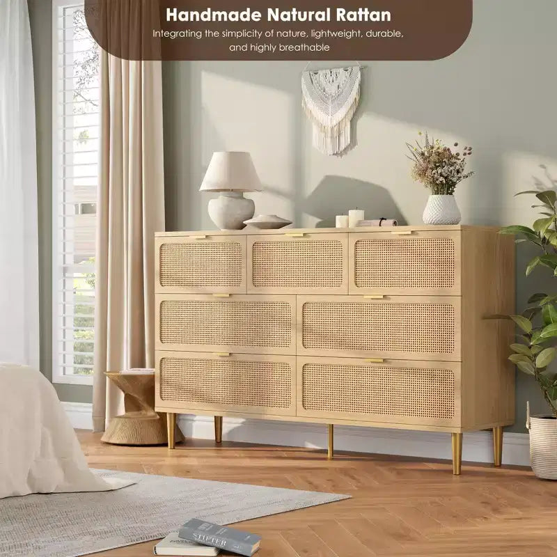 Cassettiera in rattan a 7 cassetti GustoWave, cassettone alto con ante intrecciate a mano e 5 robuste gambe in metallo per camera da letto, ripostiglio in soggiorno
