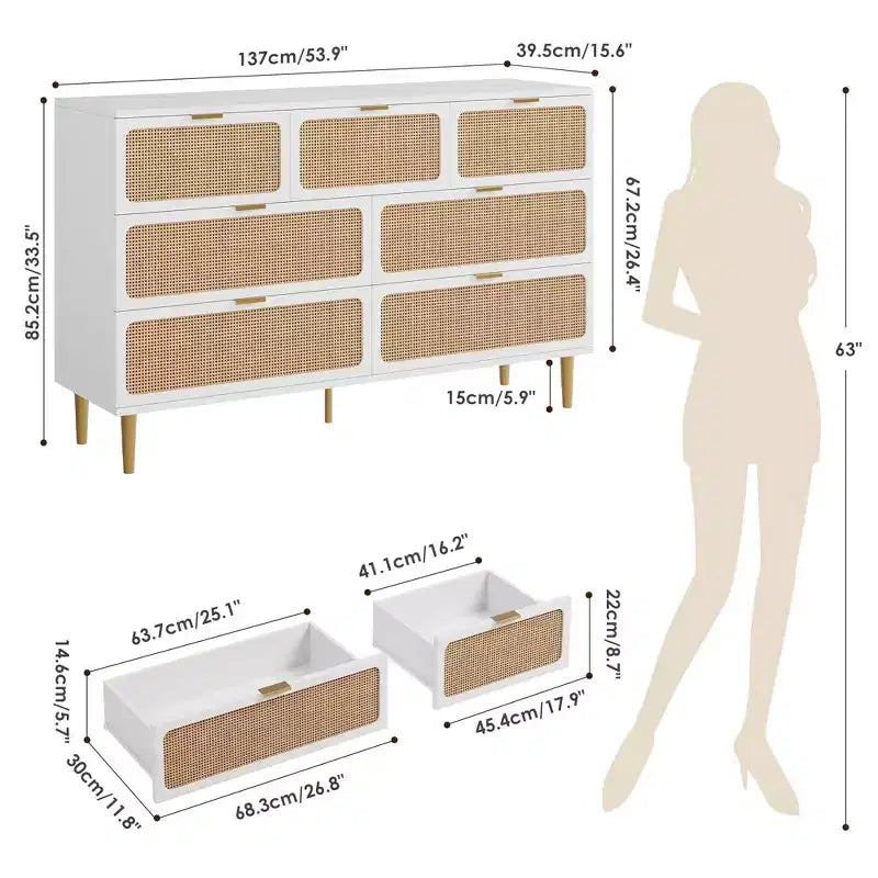 Cassettiera in rattan a 7 cassetti GustoWave, cassettone alto con ante intrecciate a mano e 5 robuste gambe in metallo per camera da letto, ripostiglio in soggiorno