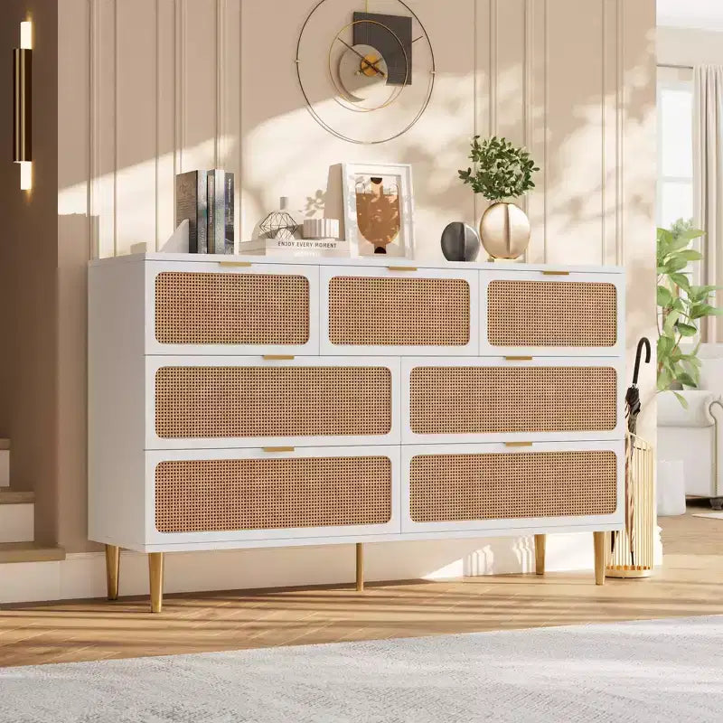 Cassettiera in rattan a 7 cassetti GustoWave, cassettone alto con ante intrecciate a mano e 5 robuste gambe in metallo per camera da letto, ripostiglio in soggiorno