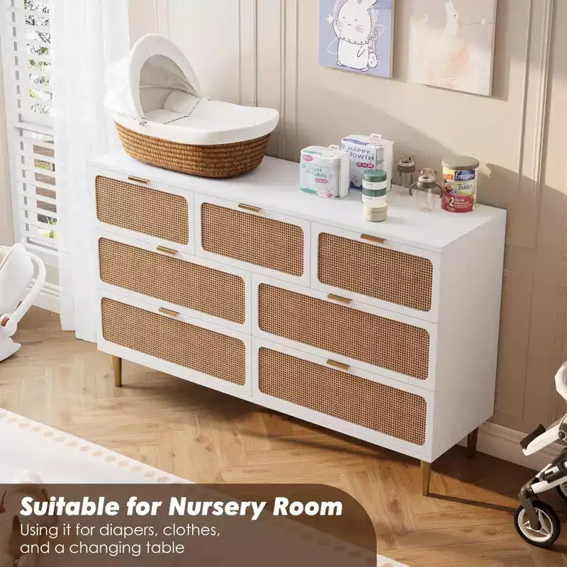 Cassettiera in rattan a 7 cassetti GustoWave, cassettone alto con ante intrecciate a mano e 5 robuste gambe in metallo per camera da letto, ripostiglio in soggiorno