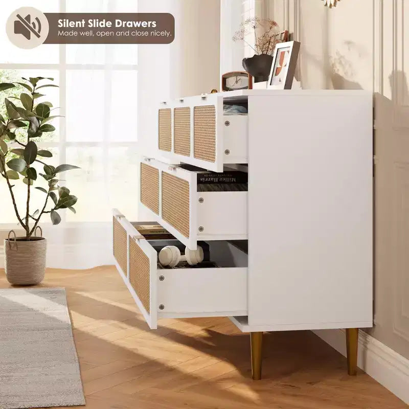Cassettiera in rattan a 7 cassetti GustoWave, cassettone alto con ante intrecciate a mano e 5 robuste gambe in metallo per camera da letto, ripostiglio in soggiorno