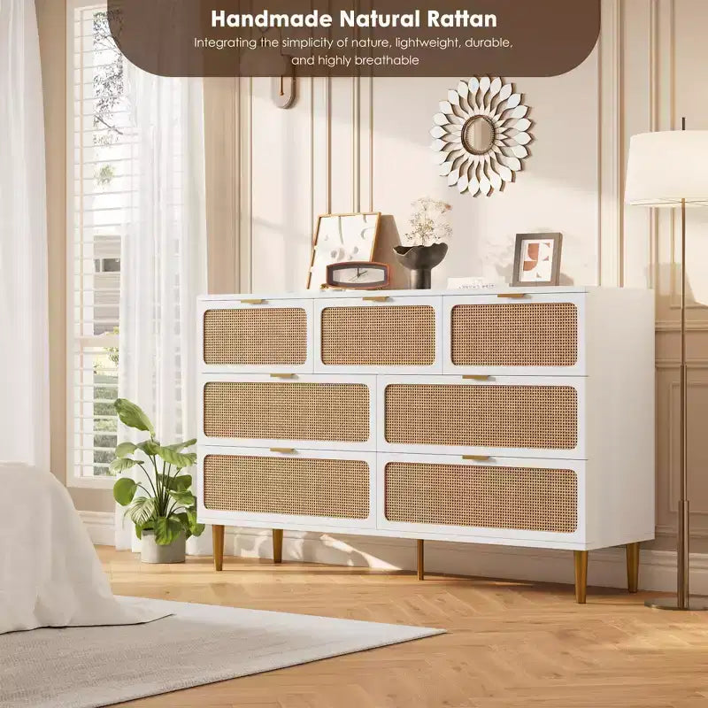 Cassettiera in rattan a 7 cassetti GustoWave, cassettone alto con ante intrecciate a mano e 5 robuste gambe in metallo per camera da letto, ripostiglio in soggiorno