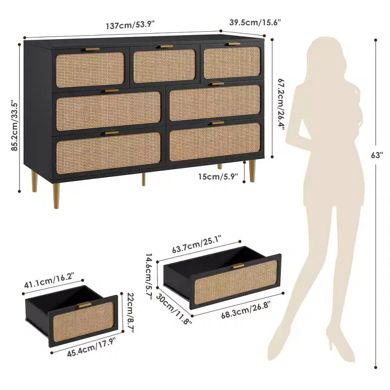 Cassettiera in rattan a 7 cassetti GustoWave, cassettone alto con ante intrecciate a mano e 5 robuste gambe in metallo per camera da letto, ripostiglio in soggiorno