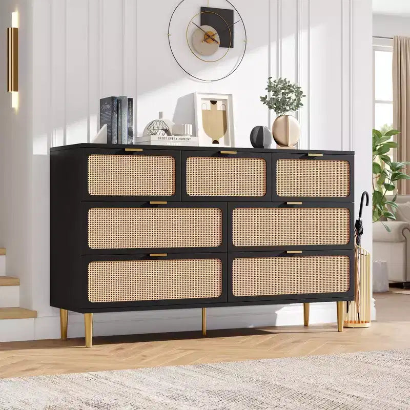 Cassettiera in rattan a 7 cassetti GustoWave, cassettone alto con ante intrecciate a mano e 5 robuste gambe in metallo per camera da letto, ripostiglio in soggiorno