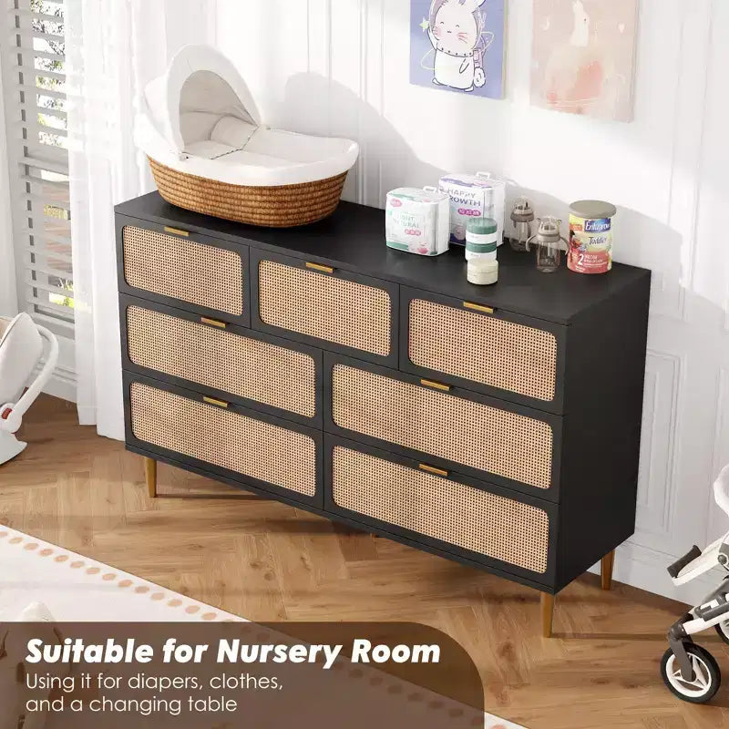 Cassettiera in rattan a 7 cassetti GustoWave, cassettone alto con ante intrecciate a mano e 5 robuste gambe in metallo per camera da letto, ripostiglio in soggiorno