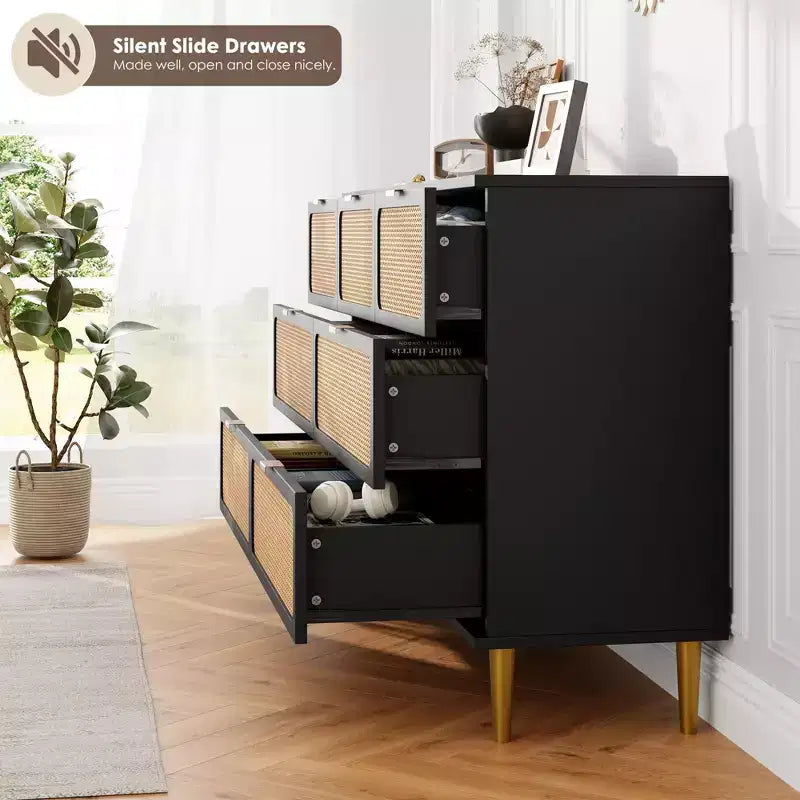 Cassettiera in rattan a 7 cassetti GustoWave, cassettone alto con ante intrecciate a mano e 5 robuste gambe in metallo per camera da letto, ripostiglio in soggiorno