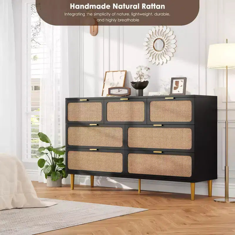 Cassettiera in rattan a 7 cassetti GustoWave, cassettone alto con ante intrecciate a mano e 5 robuste gambe in metallo per camera da letto, ripostiglio in soggiorno