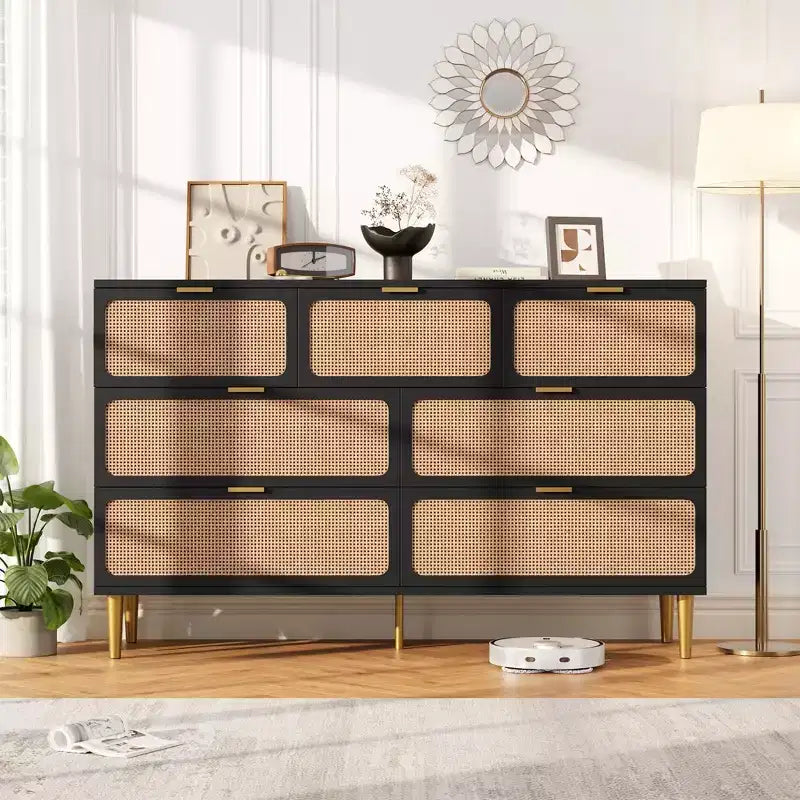 GustoWave 7-Drawer Rattan Dresser, Tall Chest of Drawers with Handwoven Doors and 5 Strong Metal Legs for Bedroom, Living Room Storage