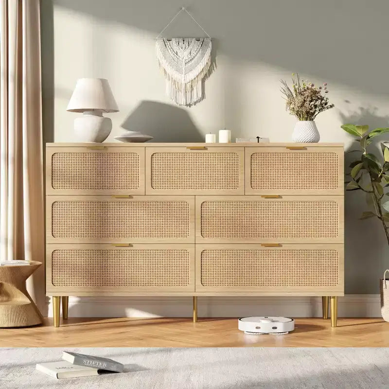 Cassettiera in rattan a 7 cassetti GustoWave, cassettone alto con ante intrecciate a mano e 5 robuste gambe in metallo per camera da letto, ripostiglio in soggiorno