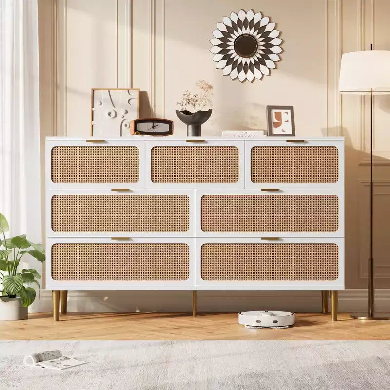 Cassettiera in rattan a 7 cassetti GustoWave, cassettone alto con ante intrecciate a mano e 5 robuste gambe in metallo per camera da letto, ripostiglio in soggiorno