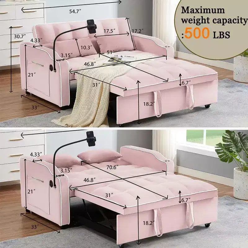 Divano Letto Trasformabile, Futon Loveseat in Velluto con USB, Letto Estraibile, Portabicchieri, Supporto Telefono Girevole per Piccoli Spazi