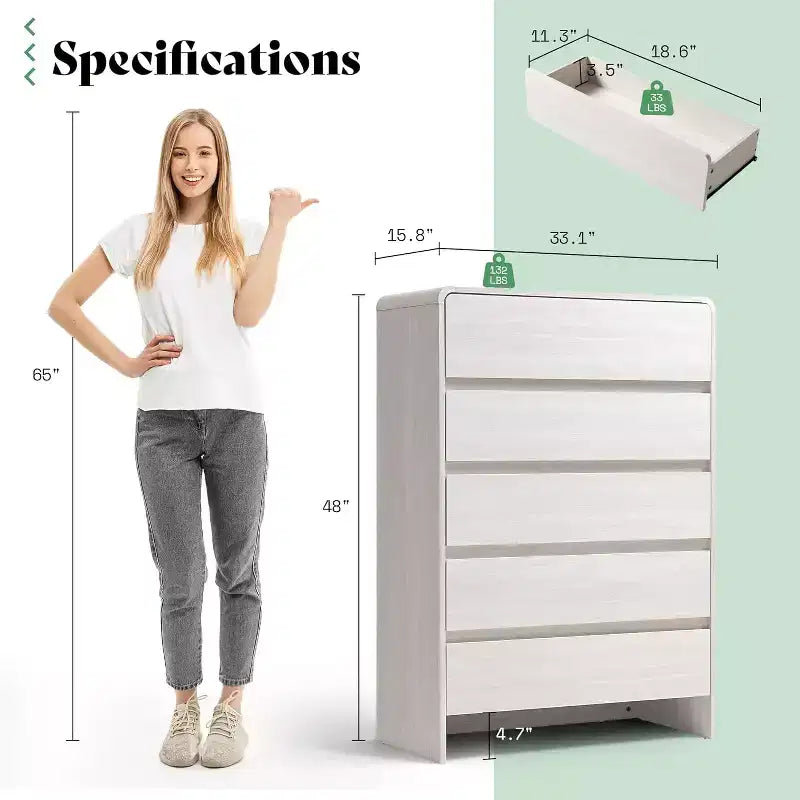 Cassettiera AMERLIFE, Comò moderno con angoli arrotondati, Armadietto in legno per soggiorno, Facile da montare