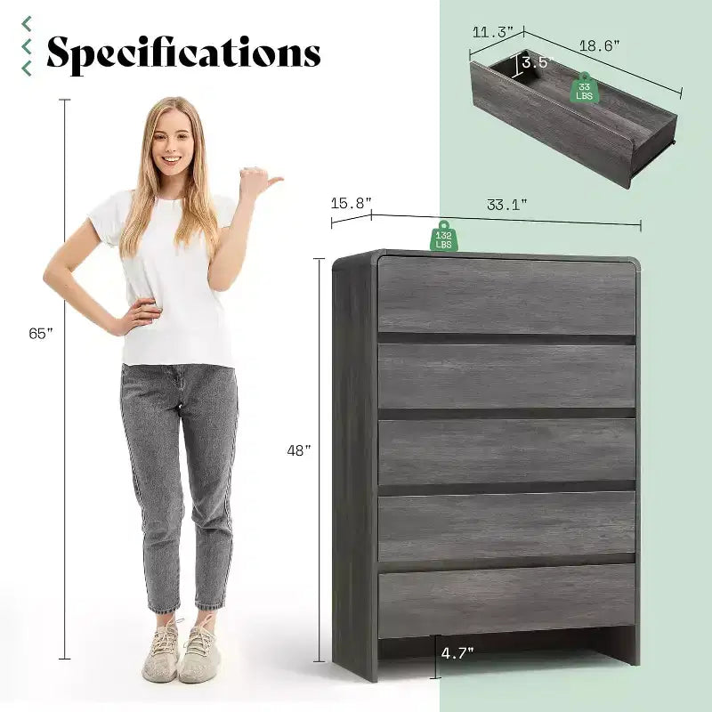 Cassettiera AMERLIFE, Comò moderno con angoli arrotondati, Armadietto in legno per soggiorno, Facile da montare