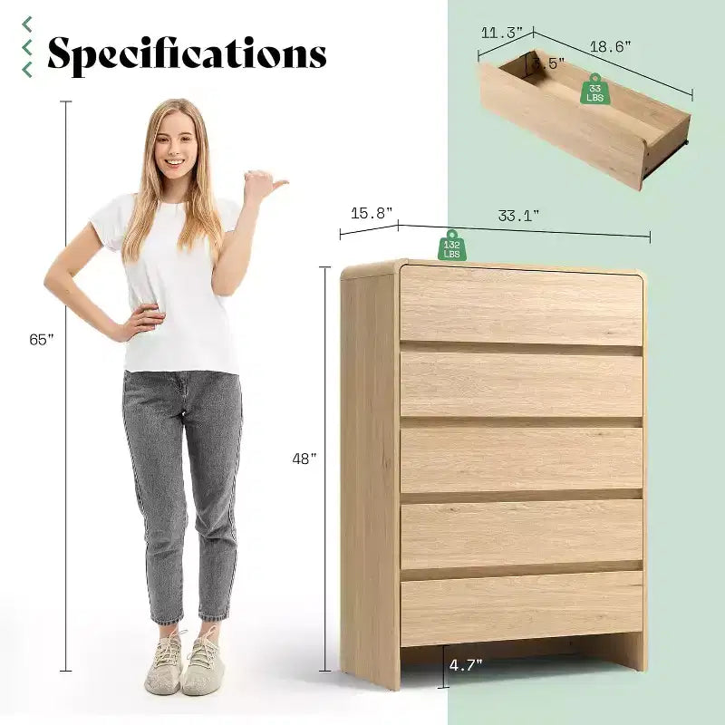Cassettiera AMERLIFE, Comò moderno con angoli arrotondati, Armadietto in legno per soggiorno, Facile da montare