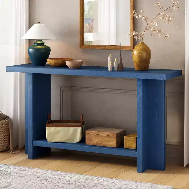 Consolle da ingresso da 152 cm con ripiano, tavolo da corridoio in impiallacciatura di frassino con design a gamba a T, ripiano inferiore per soggiorno o foyer - Panipeachy