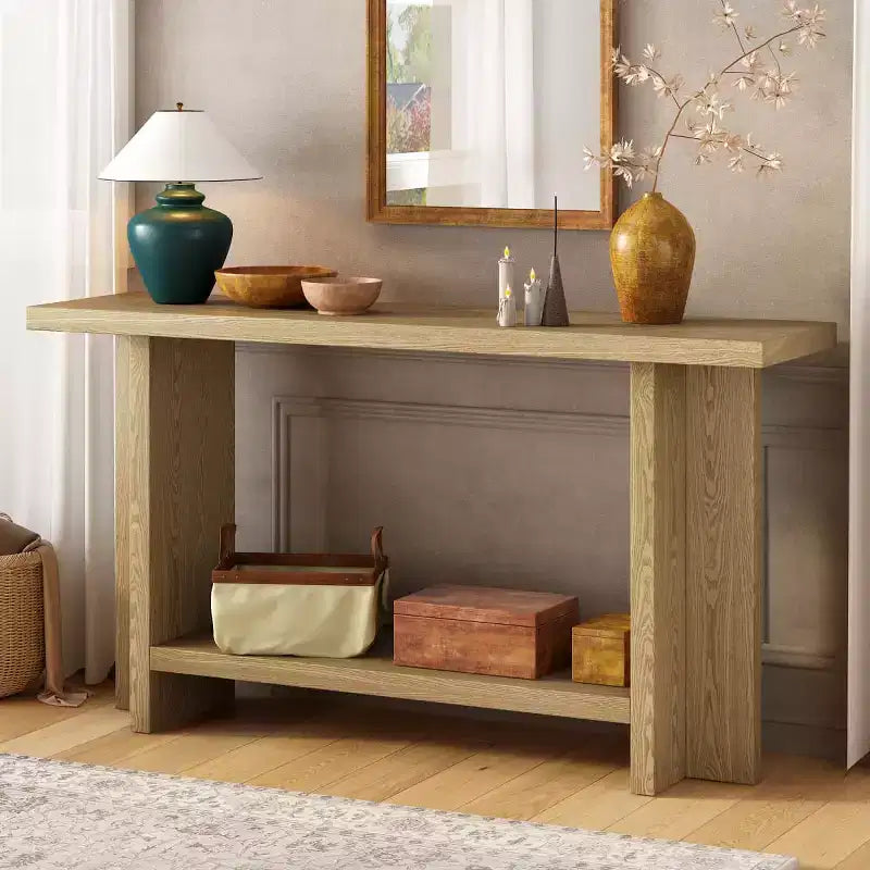 Consolle da ingresso da 152 cm con ripiano, tavolo da corridoio in impiallacciatura di frassino con design a gamba a T, ripiano inferiore per soggiorno o foyer - Panipeachy