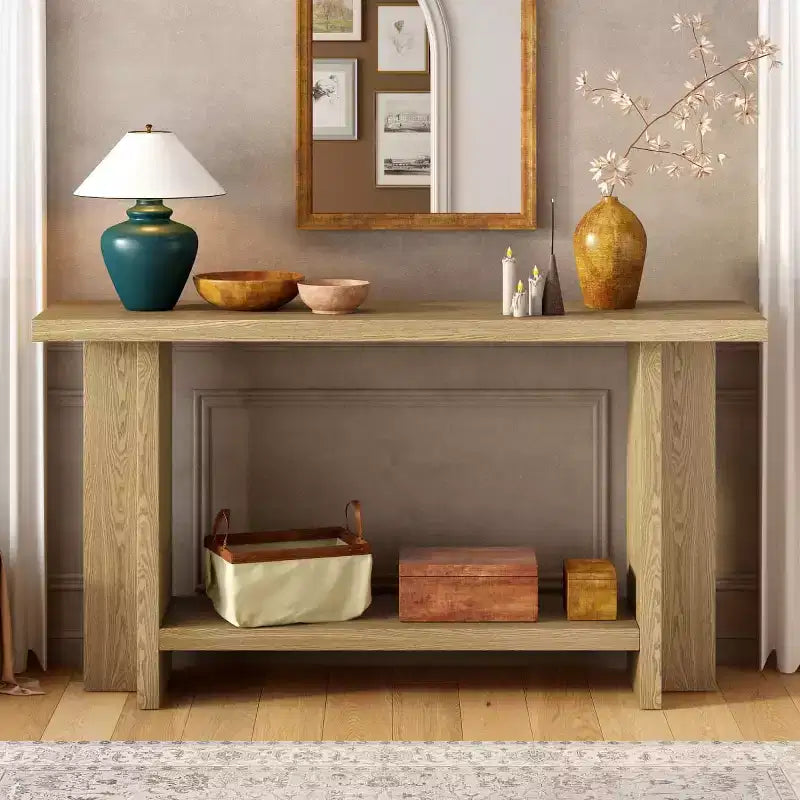 Consolle da ingresso da 152 cm con ripiano, tavolo da corridoio in impiallacciatura di frassino con design a gamba a T, ripiano inferiore per soggiorno o foyer - Panipeachy