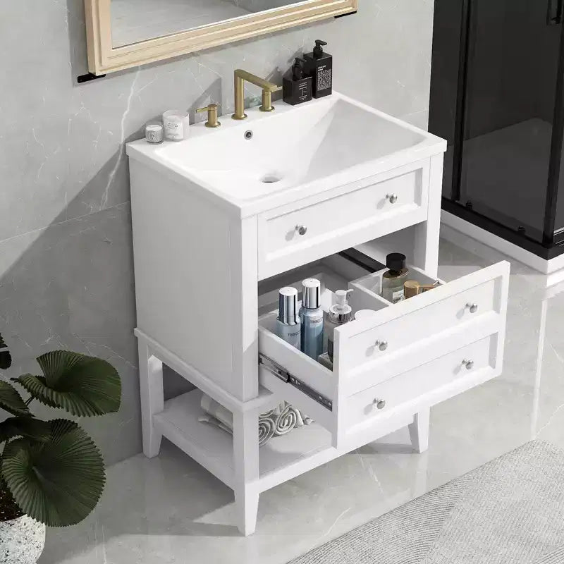MAYEERTY Mobile Bagno 61 cm con Lavabo Cassetto Contenitore Ripiano Aperto Telaio in Legno Massello Bianco