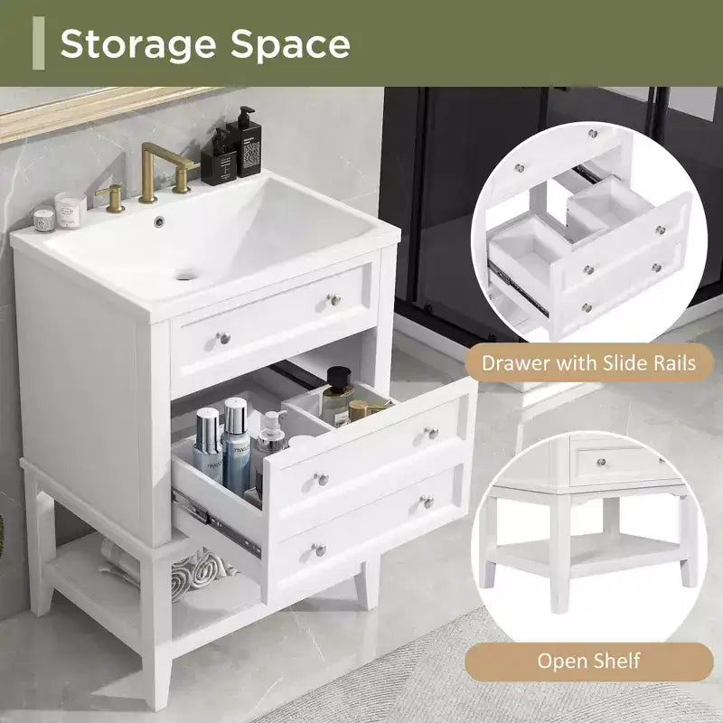MAYEERTY Mobile Bagno 61 cm con Lavabo Cassetto Contenitore Ripiano Aperto Telaio in Legno Massello Bianco