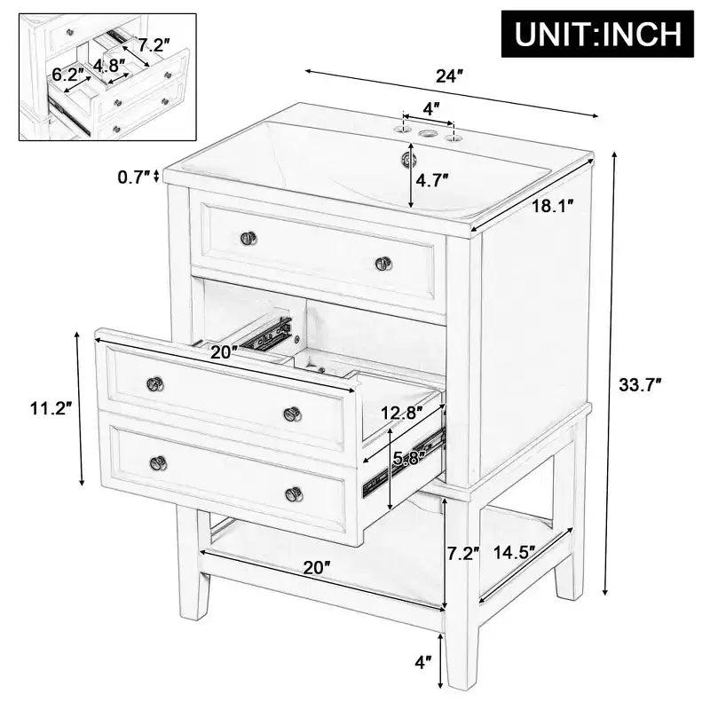 MAYEERTY Mobile Bagno 61 cm con Lavabo Cassetto Contenitore Ripiano Aperto Telaio in Legno Massello Bianco
